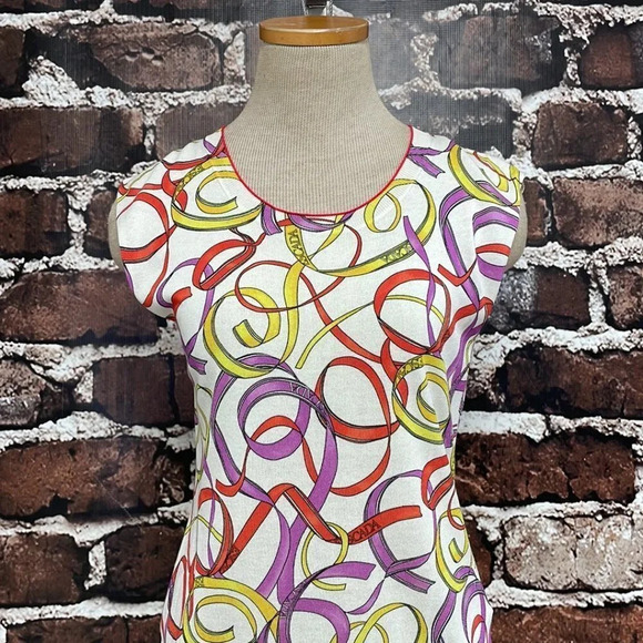 Escada Sport Top Ribbon Print Shirt Knit Open White Colorful Size Small S - Picture 7 of 17